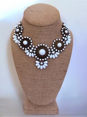 White Bead and Antiqued Gold Tone Circular Bib Statement Necklace